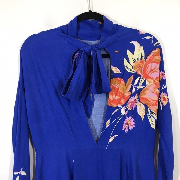 Free People Gemma Women's Size XS Tunic Blue Floral Mock Neck Tie Mini Dress - Picture 6 of 11